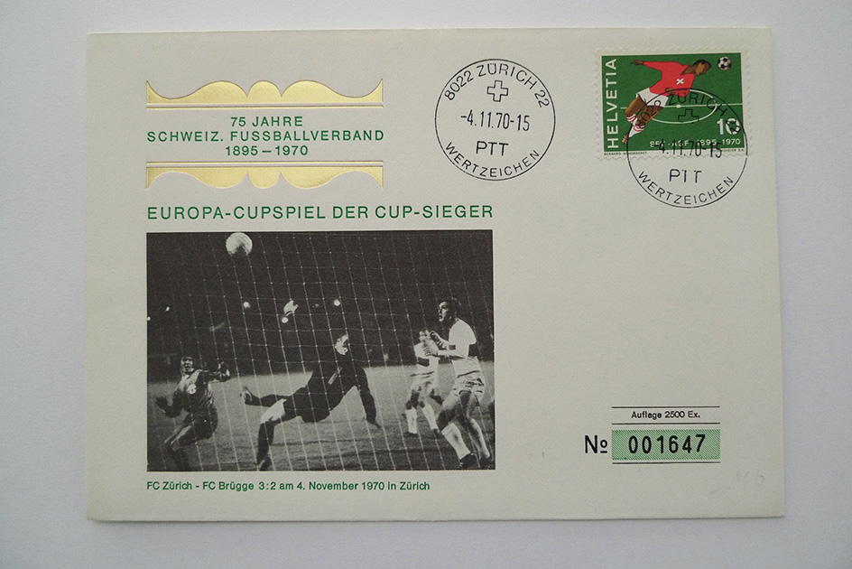 Maximumkarte FC Zürich – FC Brügge; Europa-Cupspiel der Cup-Sieger; 4.11.1970 FC Zürich – FC Brügge 3:2